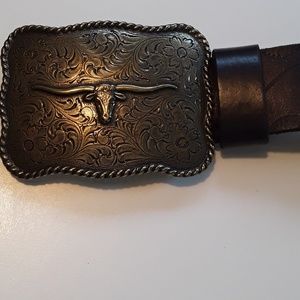 Brown Leather Belt - Longhorn Buckle